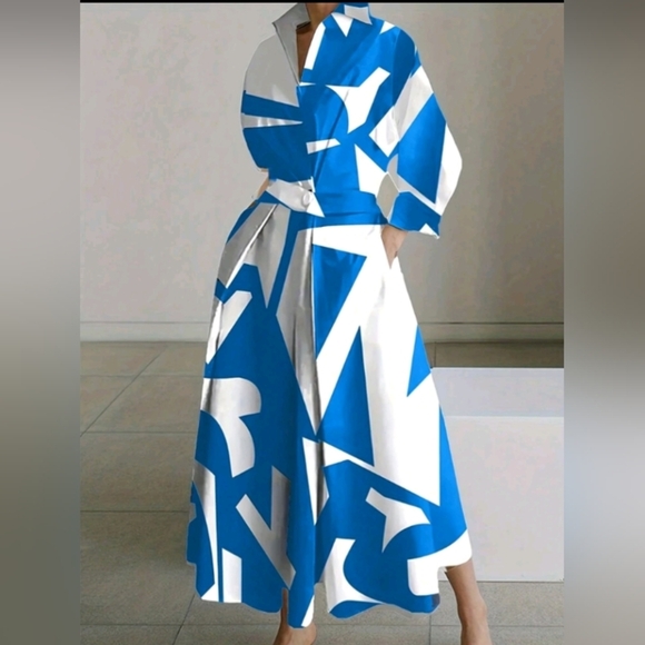 Ladies' Allover Print Lapel Belted Dress With Pockets, Long Sleeve, Summer Maxi - Picture 1 of 5